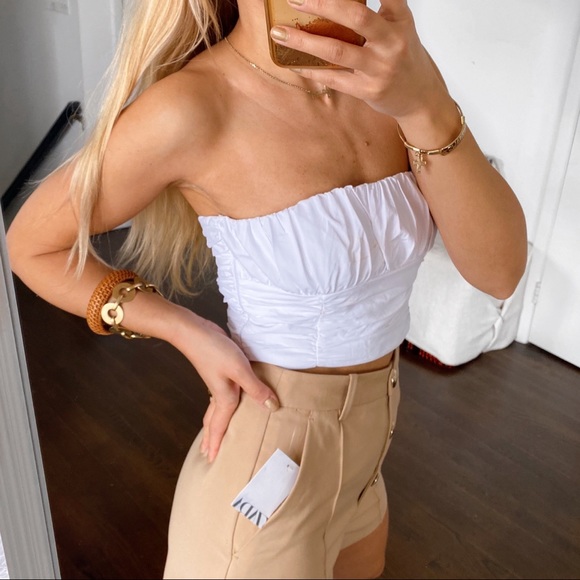 🐚 ZARA WHITE COTTON BLEND STRAPLESS CROP TOP! - Picture 2 of 9